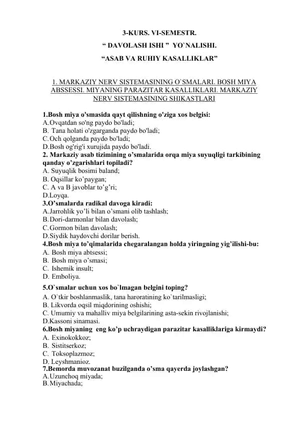 "Davolash ishi - Asab va ruhiy kasalliklar"
