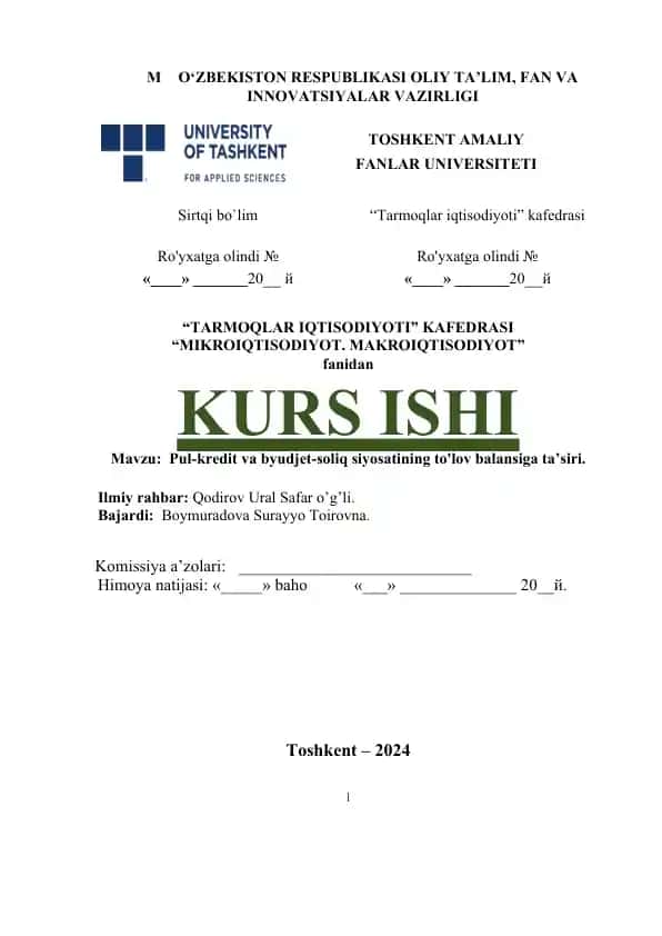 KURS ISHI "Moliya" fanida Pul-kredit va byudjet-soliq siyosatining to'lov balansiga ta’siri