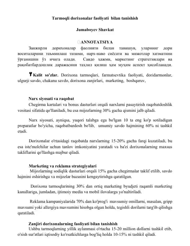 Dorixona tarmoqlari faoliyati haqida taqdimot