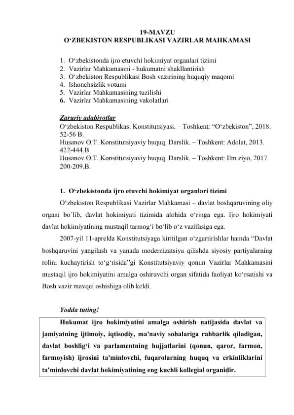O‘zbekistonda ijro etuvchi hokimiyat organlari tizimi