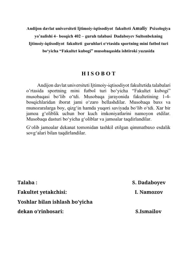 "Fakultet kubogi musobaqasi haqida hisobot"