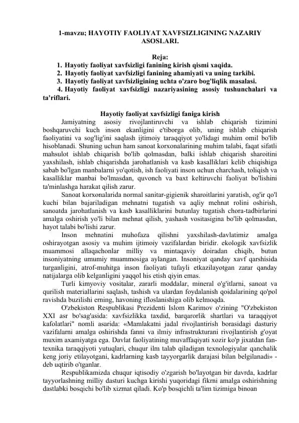 Hayotiy faoliyat xavfsizligi faniga kirish