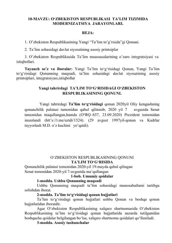 O‘zbekiston Respublikasi Ta’lim Tizimida Modernizatsiya Jarayonlari
