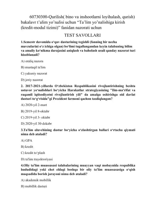 Ta'lim yo'nalishiga kirish (kredit-modul tizimi)