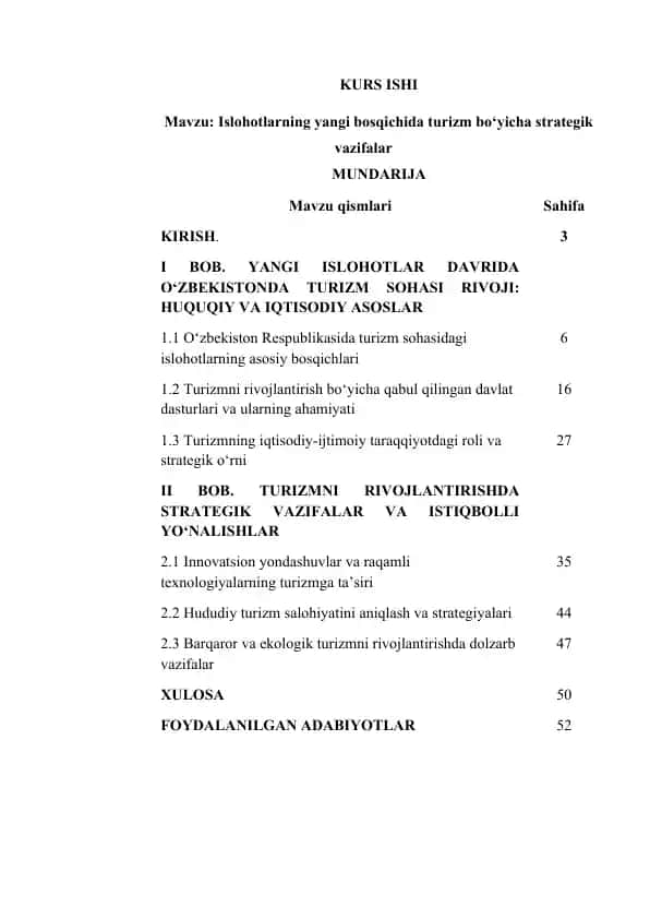 Islohotlarning yangi bosqichida turizm bo‘yicha strategik vazifalar