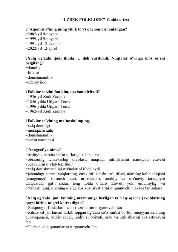 Uzbek Folklore fanidan test