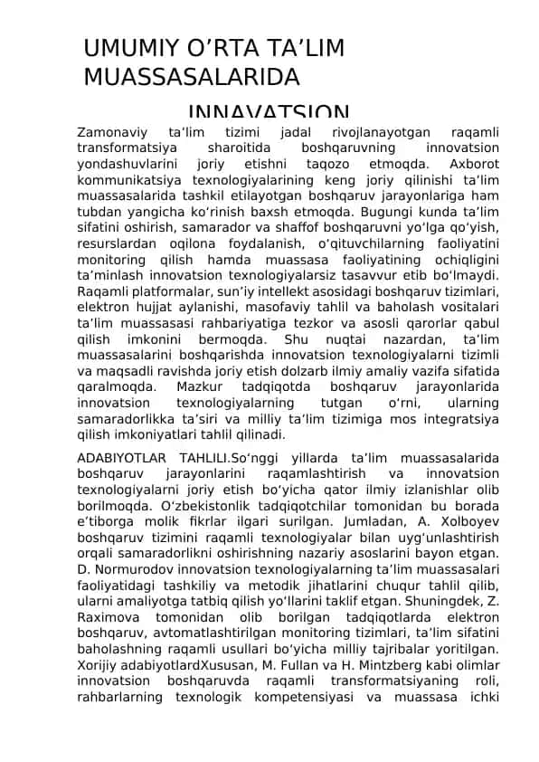 UMUMIY O’RTA TA’LIM MUASSASALARIDA INNAVATSION BOSHQARUV