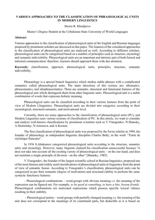 Various Approaches to the Classification of Phraseological Units in Modern Linguistics