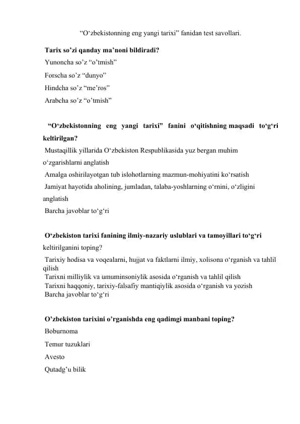 O‘zbekistonning eng yangi tarixi fanidan test savollari