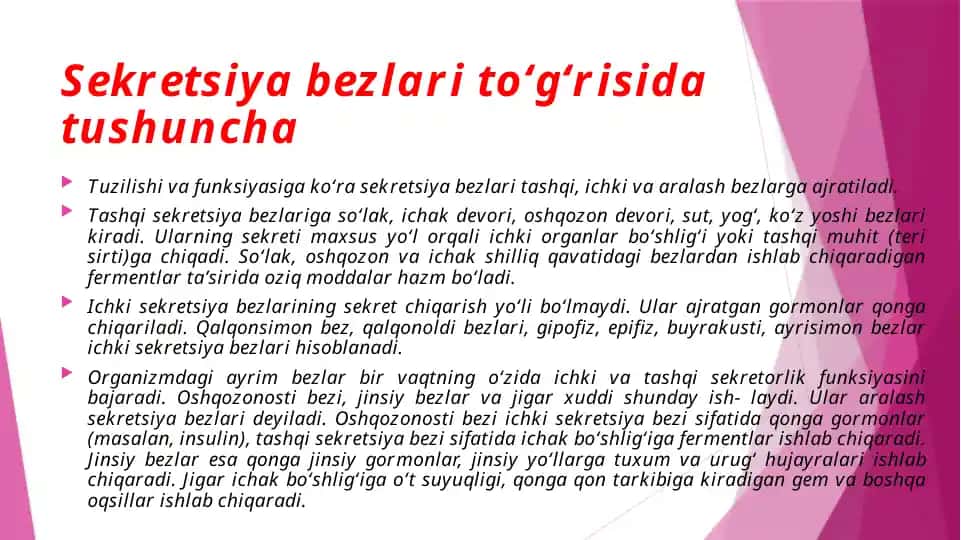 Sekretsiya bezlari to‘g‘risida tushuncha
