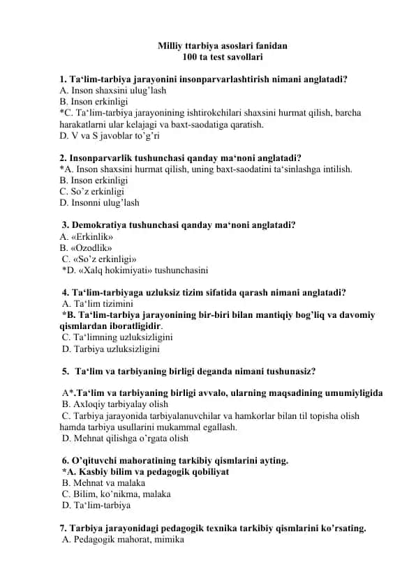 Milliy tarbiya asoslari fanidan 100 ta test savollari