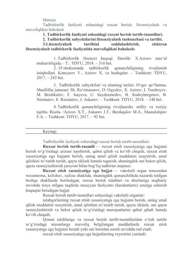 Tadbirkorlik faoliyati sohasidagi ruxsat berish, litsenziyalash va muvofiqlikni baholash