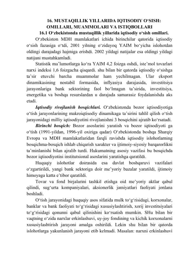 Mustaqillik Yillarida Iqtisodiy O‘sish: Omillari, Muammolari va Istiqbollari
