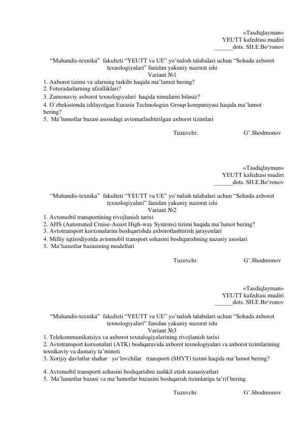 Yakuniy nazorat ishi "Sohada axborot texnologiyalari" fanidan
