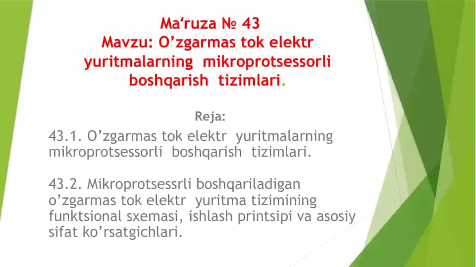 O’zgarmasto kelektryuritmalarning mikroprotsessorli boshqarish tizimlari