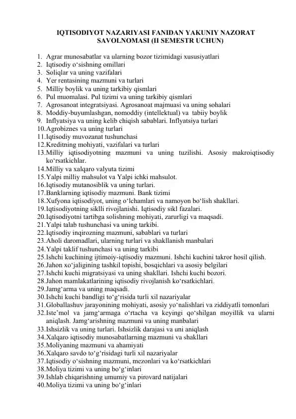 IQTISODIYOT NAZARIYASI FANIDAN YAKUNIY NAZORAT SAVOLNOMASI (II SEMESTR UCHUN)