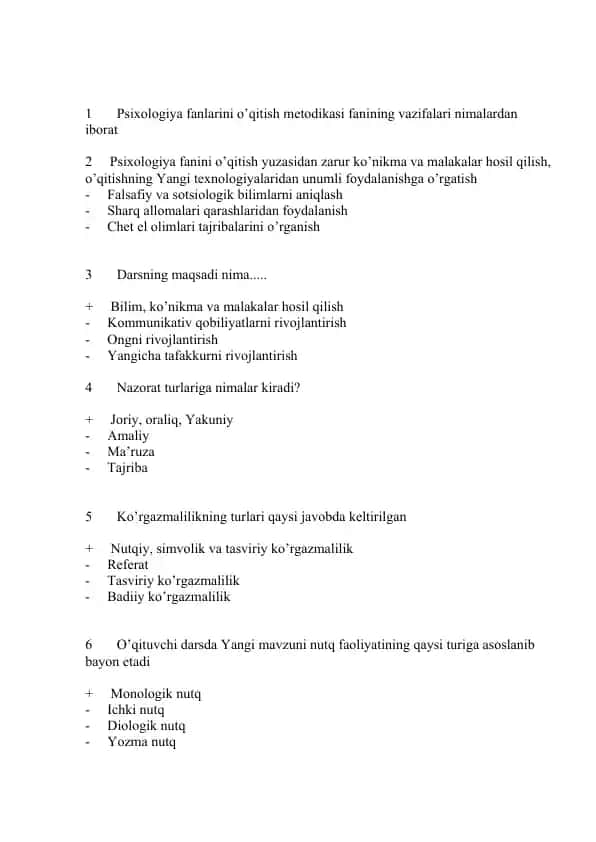 Psixologiya fanlarini o’qitish metodikasi