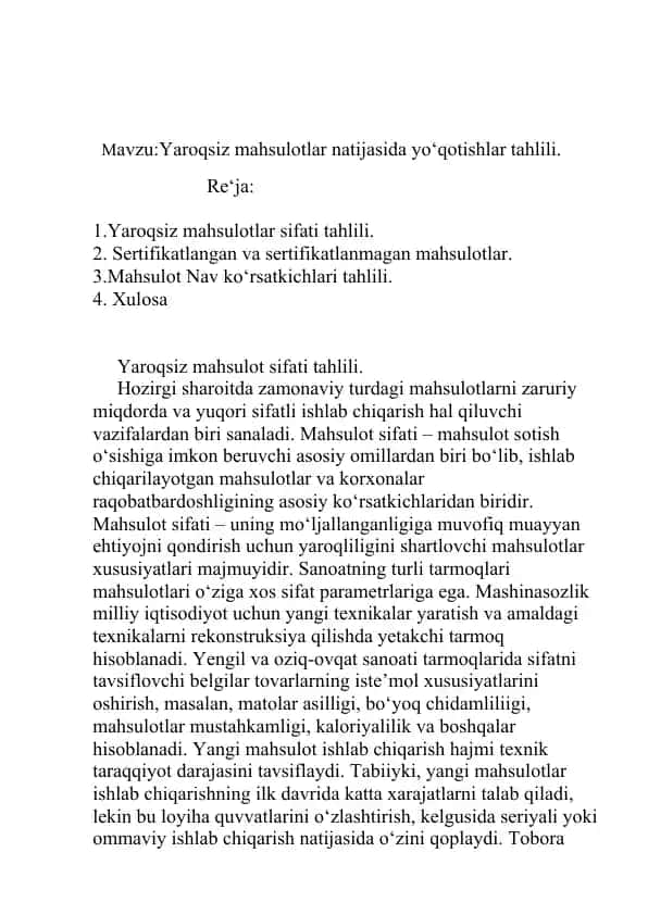Yaroqsiz mahsulotlar natijasida yo‘qotishlar tahlili