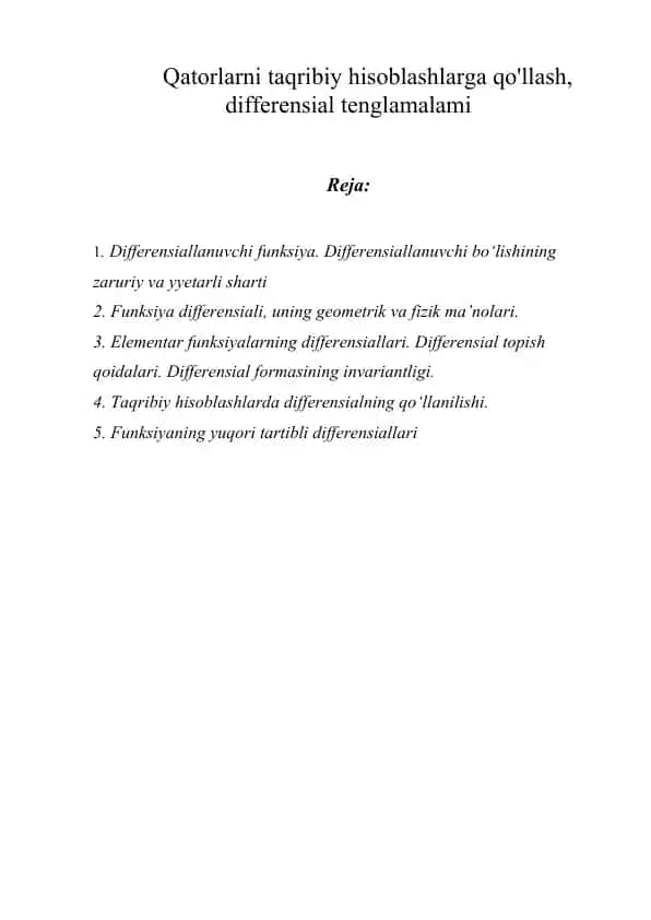 Qatorlarni taqribiy hisoblashlarga qo'llash, differensial tenglamalami