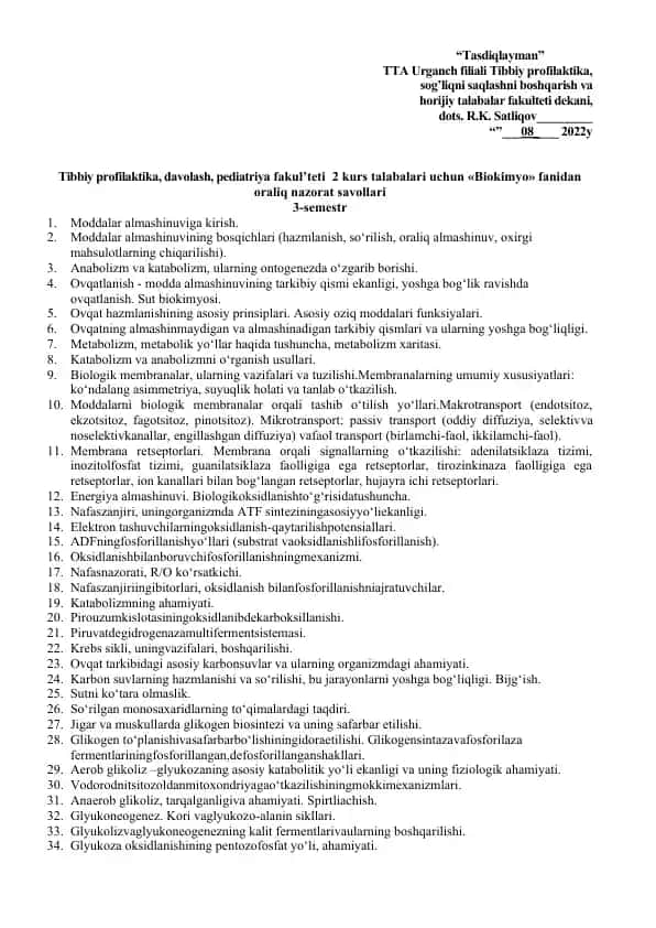Biokimyo fanidan oraliq nazorat savollari