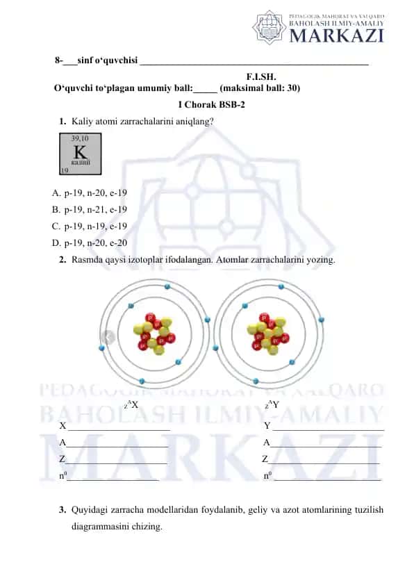 Kaliy va azot atomlarining zarracha modellari