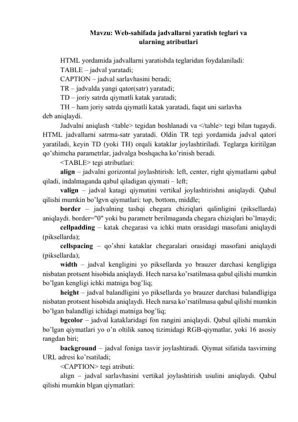 HTML jadval yaratish