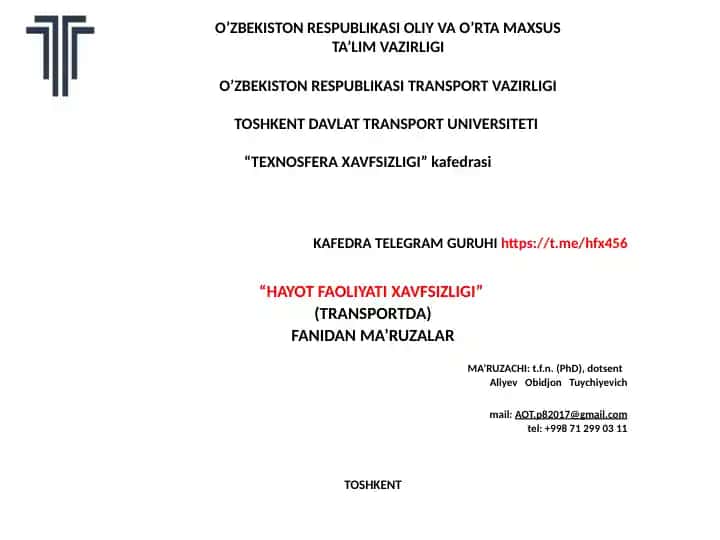 "Transportda Hayot Faoliyati Xavfsizligi"