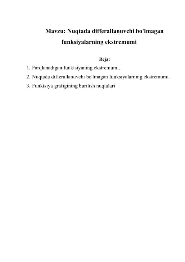 Nuqtada differallanuvchi bo'lmagan funksiyalarning ekstremumi