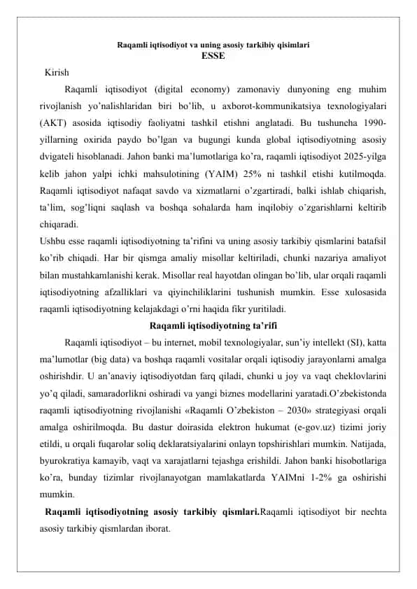 Raqamli iqtisodiyot va uning asosiy tarkibiy qisimlari ESSE