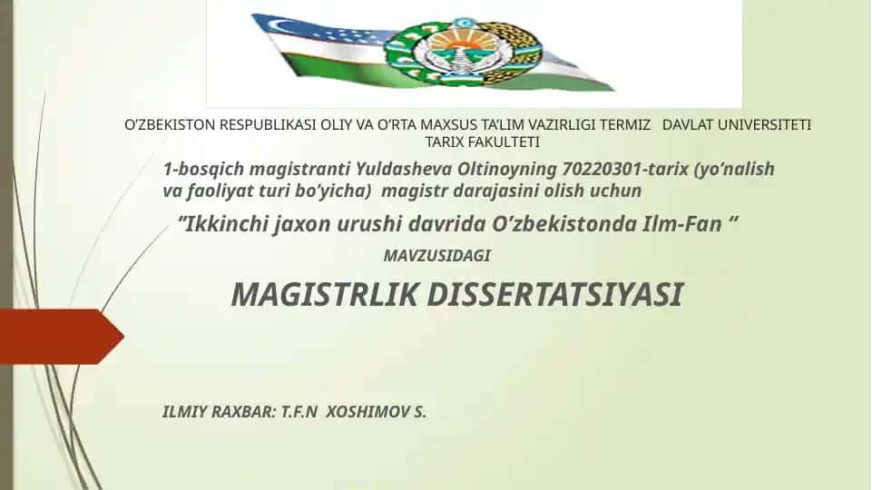 MAVZUSIDAGI MAGISTRLIK DISSERTATSIYASI
