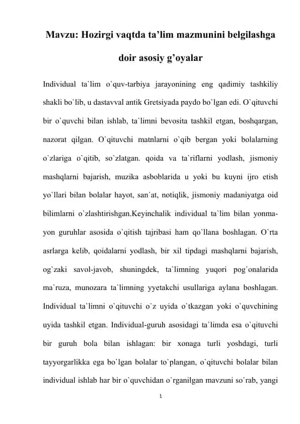 Dars-ta’limini tashkil etishning asosiy shakli