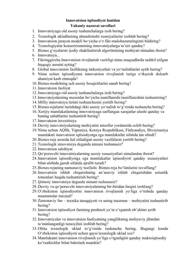 Innovatsion iqtisodiyot fanidan