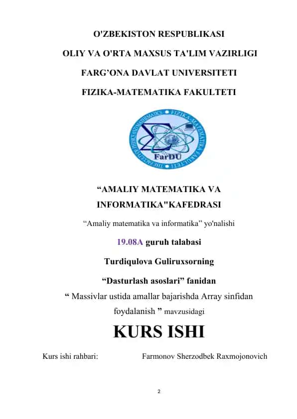 "Massivlar ustida amallar bajarishda Array sinfidan foydalanish" kurs ishi