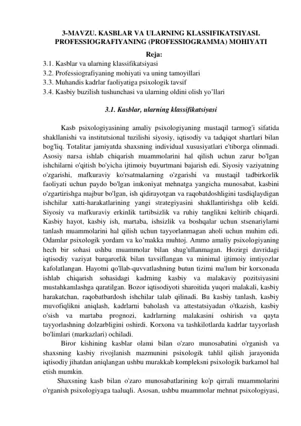 Kasblar va Ularning Klassifikatsiyasi