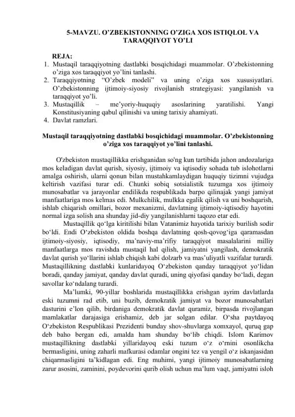 O'zbekistonning o'ziga xos istiqlol va taraqqiyot yo'li
