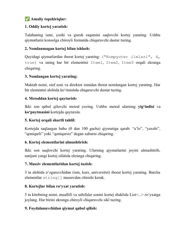 C# Dasturlash Tilida Amaliy Topshiriqlar