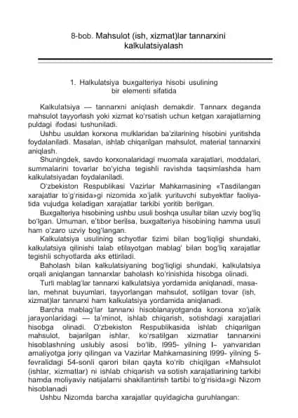 Kalkulatsiya buxgalteriya hisobi usulining bir elementi sifatida