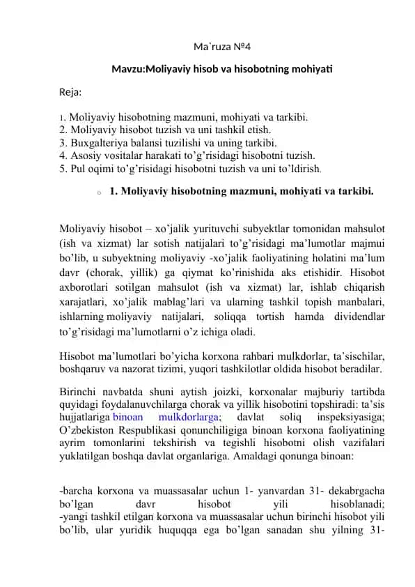 Moliyaviy hisob va hisobotning mohiyati