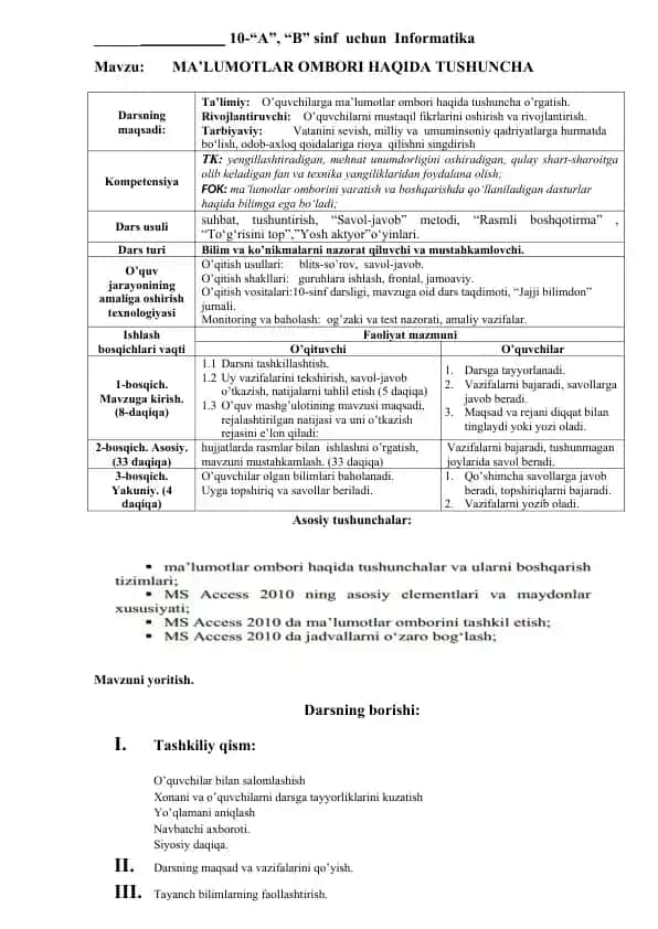 Informatika darsi uchun ma'lumotlar ombori haqida tushuncha