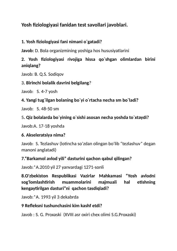 Yosh fiziologiyasi fanidan test savollari javoblari