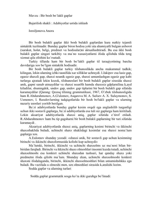 Bir bosh bo`lakli gaplar