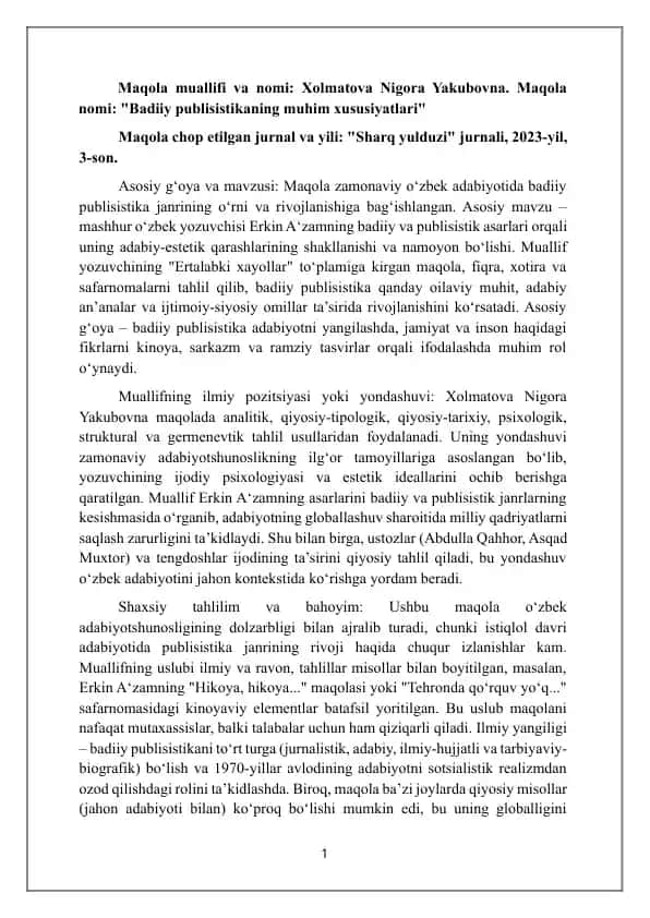 SHARH Maqola: Xolmatova Nigora Yakubovna. Maqola nomi: "Badiiy publisistikaning muhim xus