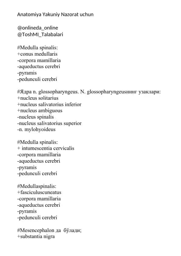 Anatomiya Yakuniy Nazorat uchun