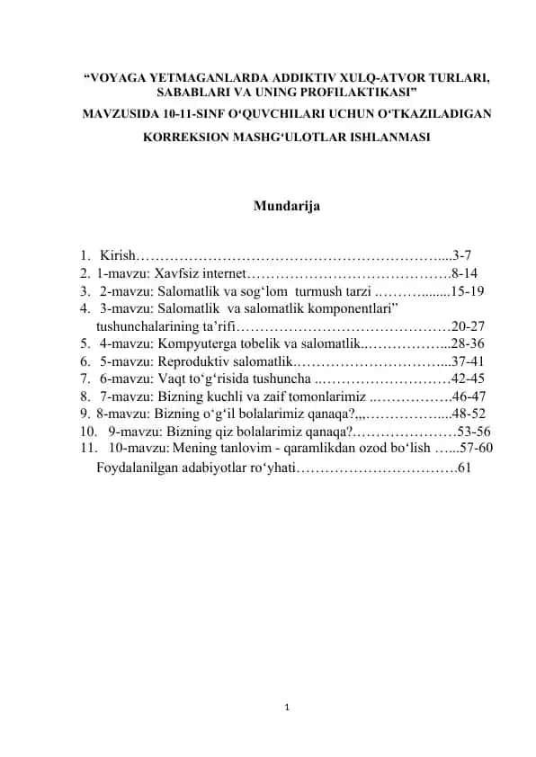 “Voyaga yetmaganlarda addiktiv xulq-atvor turlari, sabablari va uning profilaktikasi” korreksion mashgʻulotlar ishlanmasi