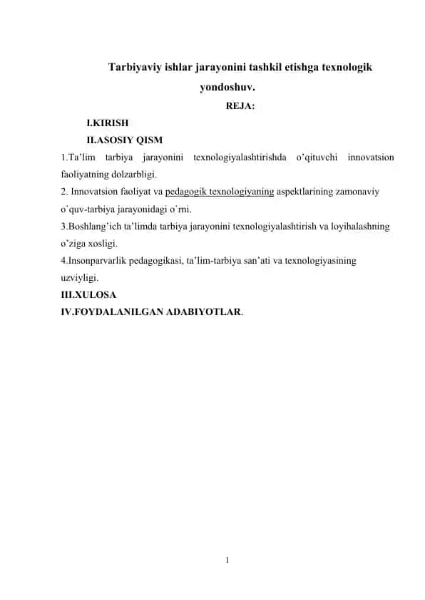 Tarbiyaviy ishlar jarayonini tashkil etishga texnologik yondoshuv