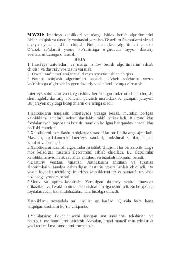 Interfeys xatoliklari va ularga ishlov berish algoritmlarini ishlab chiqish va dasturiy vositasini yaratish