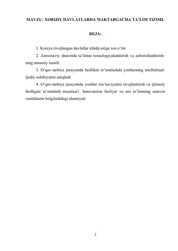 XORIJIY DAVLATLARDA MAKTABGACHA TA’LIM TIZIMI