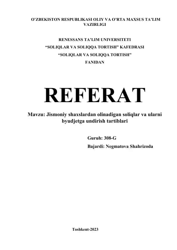 "Jismoniy shaxslardan olinadigan soliqlar va ularni byudjetga undirish tartiblari"