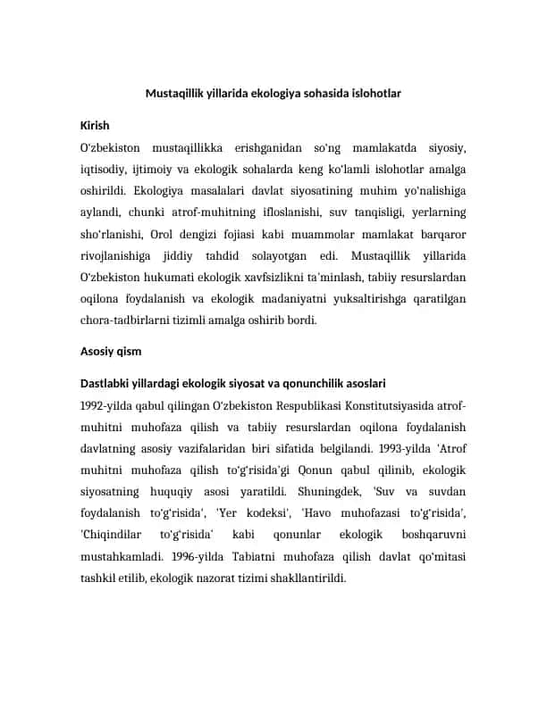 Ekologiya sohasida islohotlar