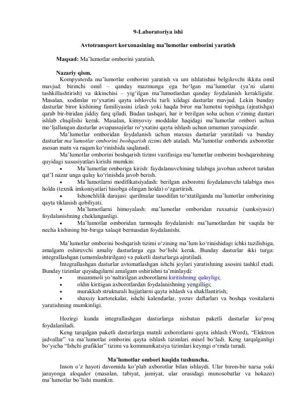 Avtotransport korxonasining ma'lumotlar ombori